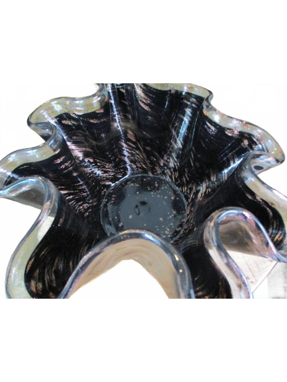 Vintage Murano Black Copper Aventurine Art Glass Ruffled Bowl 12"